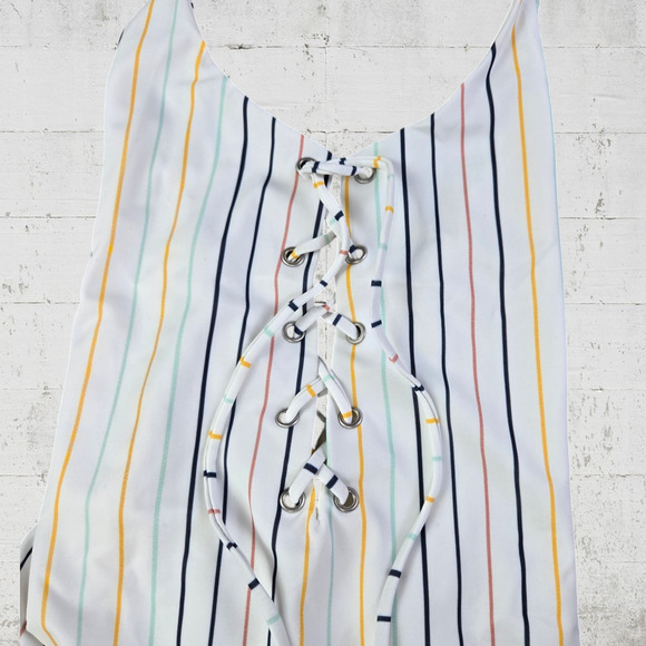 Tavik White Colorful Striped Retro Lace Up Monahan One Piece Swimsuit Size Small - Picture 3 of 8